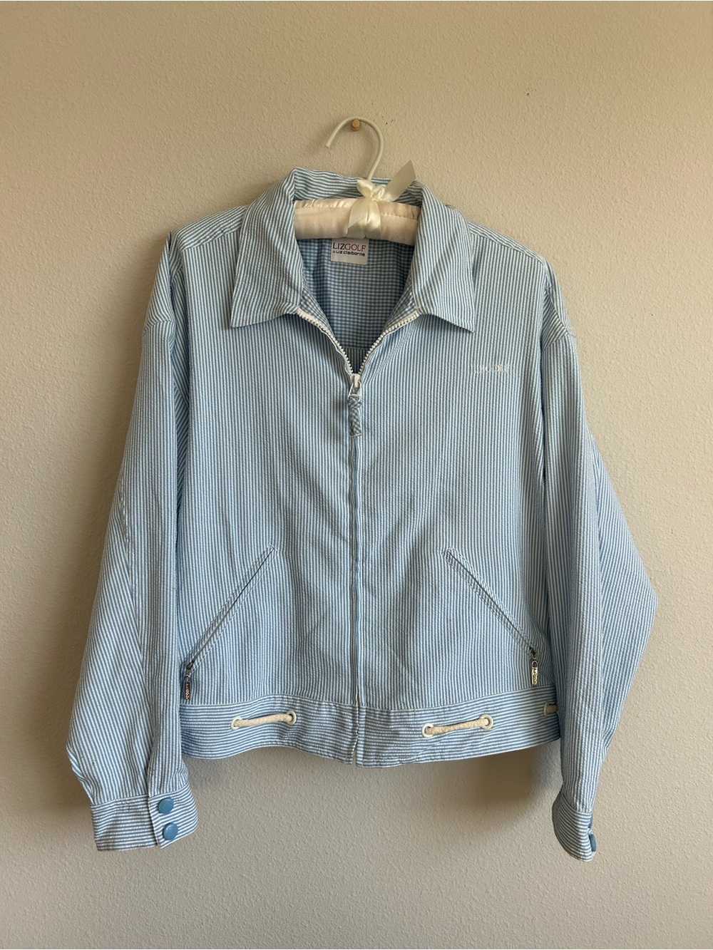 Liz Claiborne Pale Blue Pinstripe Zip Bomber Jacket